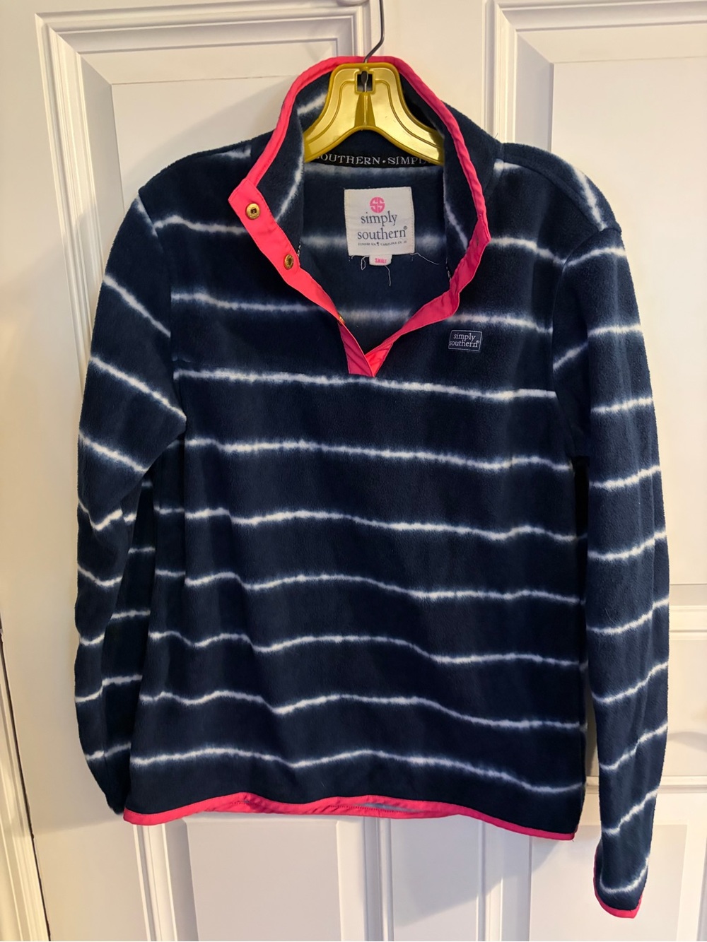 Simply Southern Navy and White Tie-Dye Pullover with Pink Trim